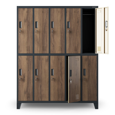 Plechová šatní skříňka na nožkách s 10 boxy BARTEK, 1360 x 1720 x 450 mm, Eco Design: antracitová/ ořech