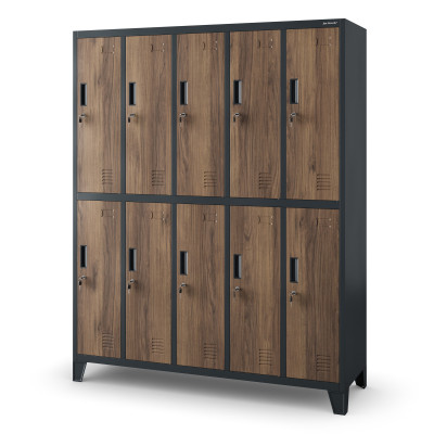 Plechová šatníková skrinka na nôžkach s 10 boxmi BARTEK, 1360 x 1720 x 450 mm, Eco Design: antracitová/ orech